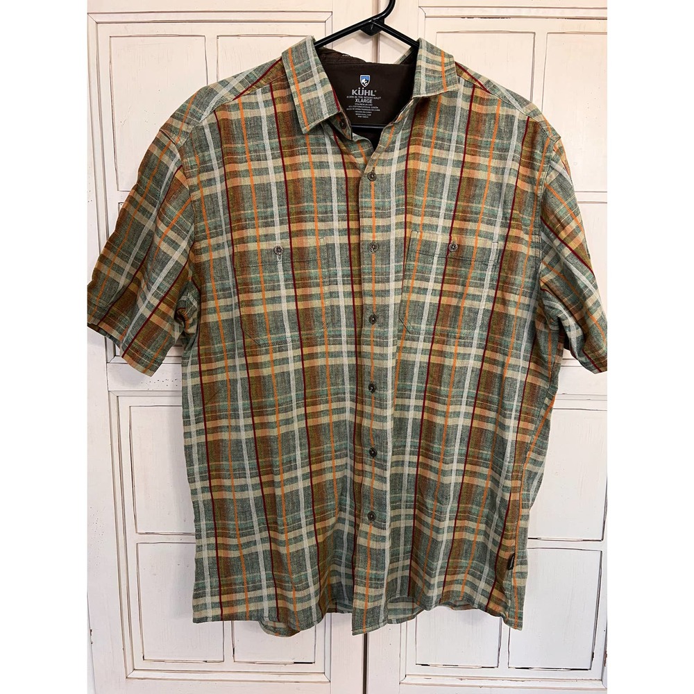 Kuhl mens size XL short sleeve plaid shirt linen cotton